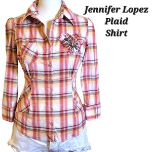 JLo Plaid 3/4 Sleeves Slim Fit Buttondown Shirt | Y2K Fitted Plaid Shirt XS